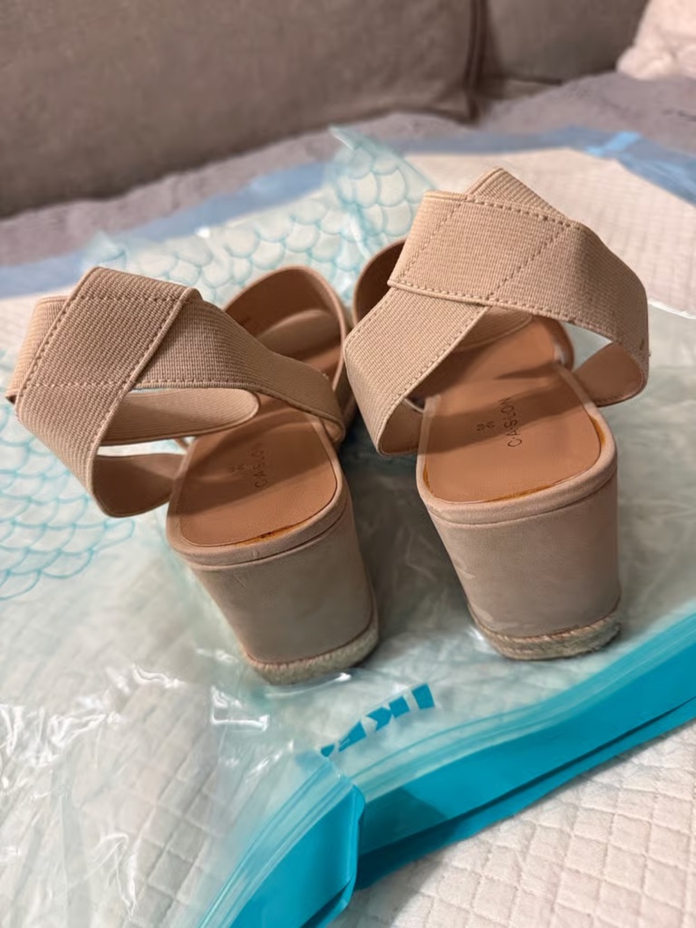 Time and Tru Beige Platform Sandals with Wide Elastic Cross Straps